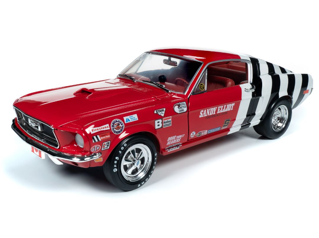 Auto World 1/18 1968 Ford Mustang Fastback (Sandy Elliot) - Red & White w/Black Stripes & Sandy Elliot Race Car Graphics