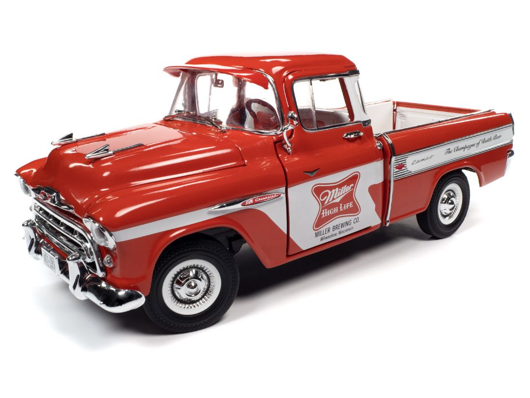 Auto World 1/18 1957 Chevy Cameo Pickup Miller High Life - Red and White