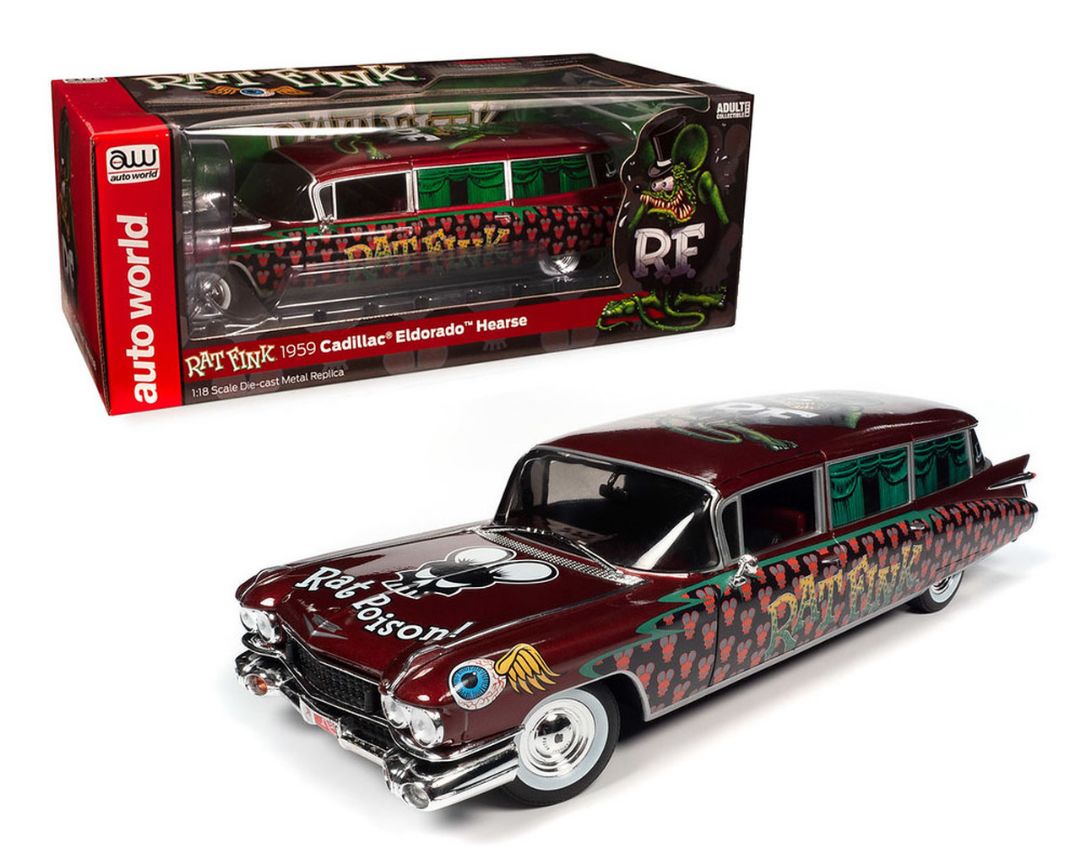 Auto World 1/18 1959 Cadillac Eldorado Hearse Rat Fink - Black, Red & Green