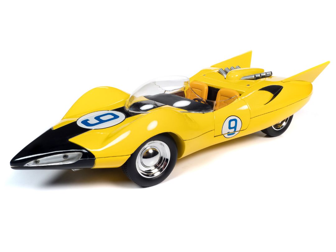 Auto World 1/18 Speed Racer Shooting Star with Racer X Figure - Vehicle: Yellow w/ #9 on door Racer: White w/Black Mask & Red X in center