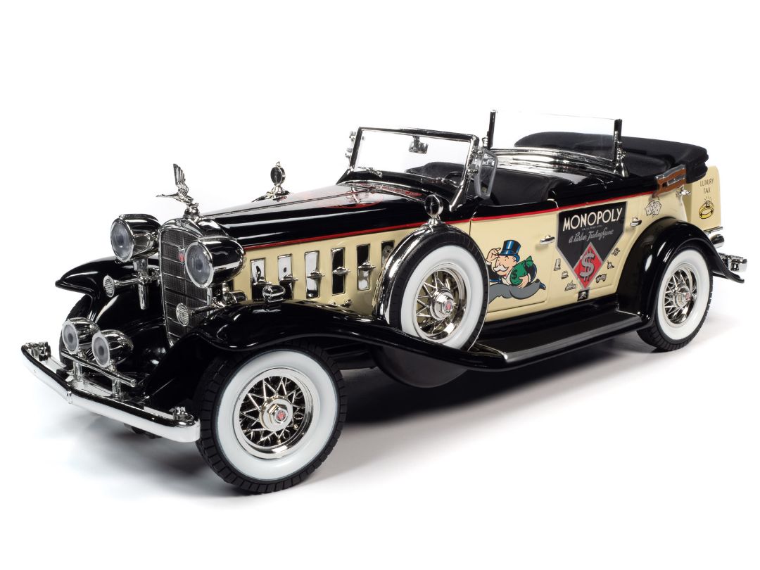 Auto World 1/18 1932 Cadillac V16 Sport Phaeton Mr. Monopoly Car & Resin Figure - Cream w/Black Top & Fenders