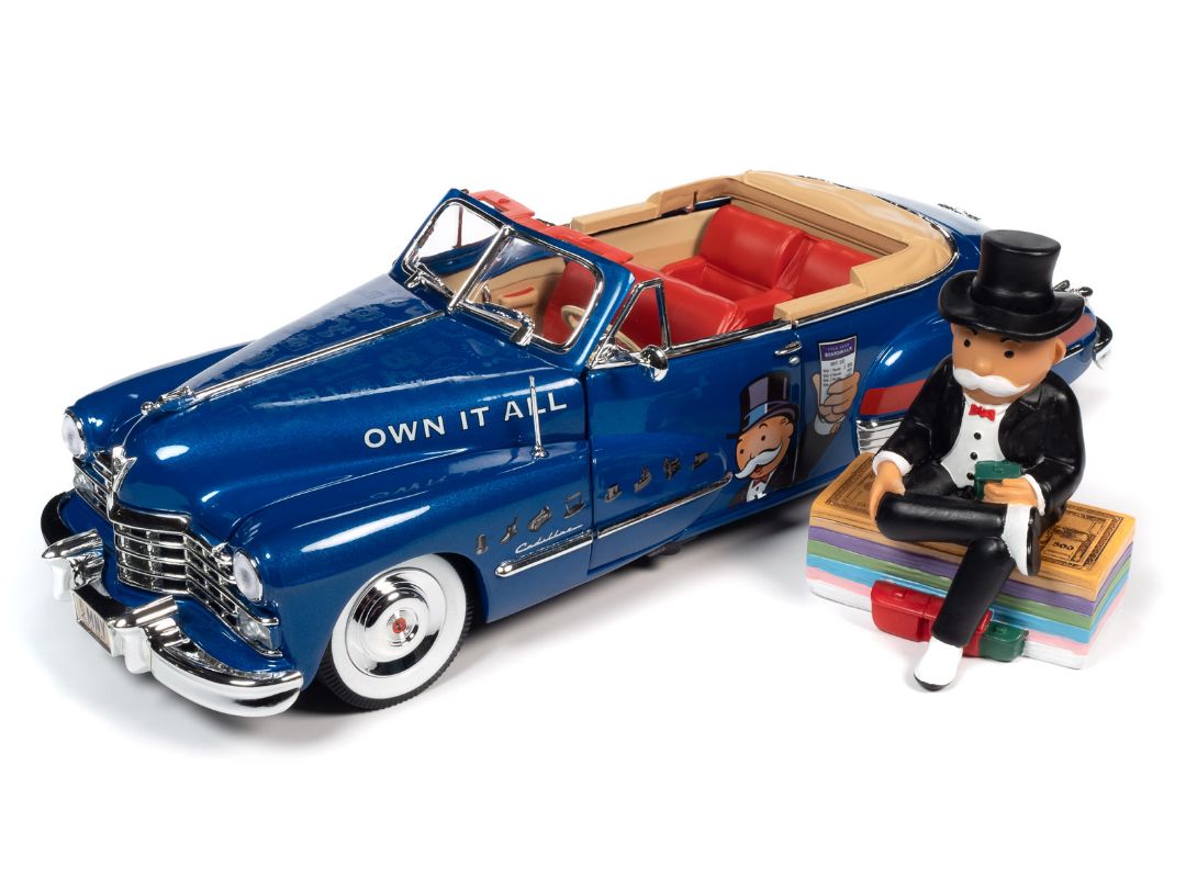 Auto World 1/18 Monopoly 1947 Cadillac Convertible w/Resin Figure - Blue & Red