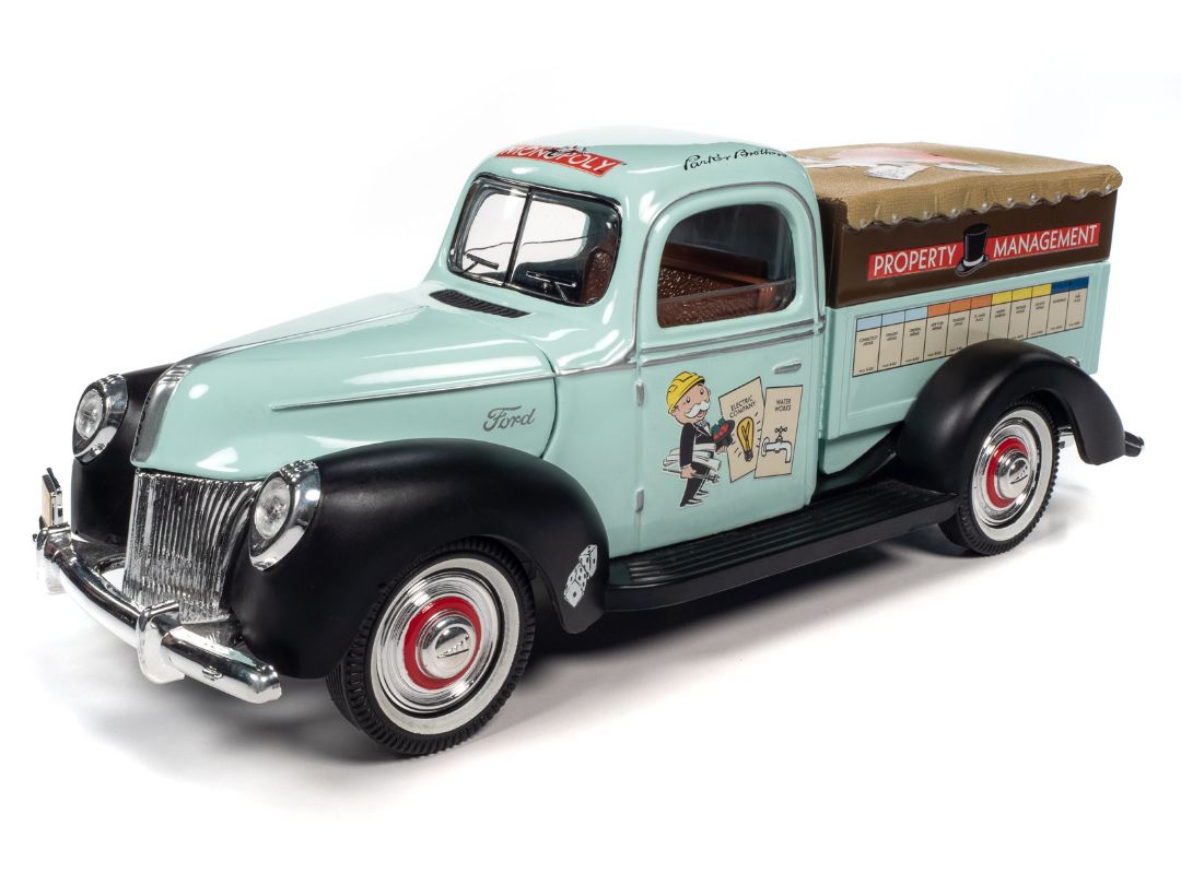 Auto World 1/18 Monopoly 1940 Ford Property Management Truck w/Resin Figure - Light Green & Flat Black w/ Monopoly Graphics