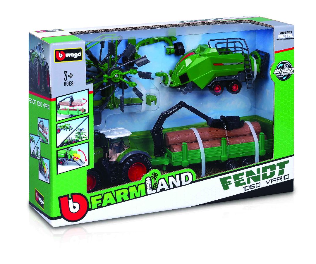 Bburago Farmland 10cm Moto. Tractor w/ 3 Trailers Gift Set (6)