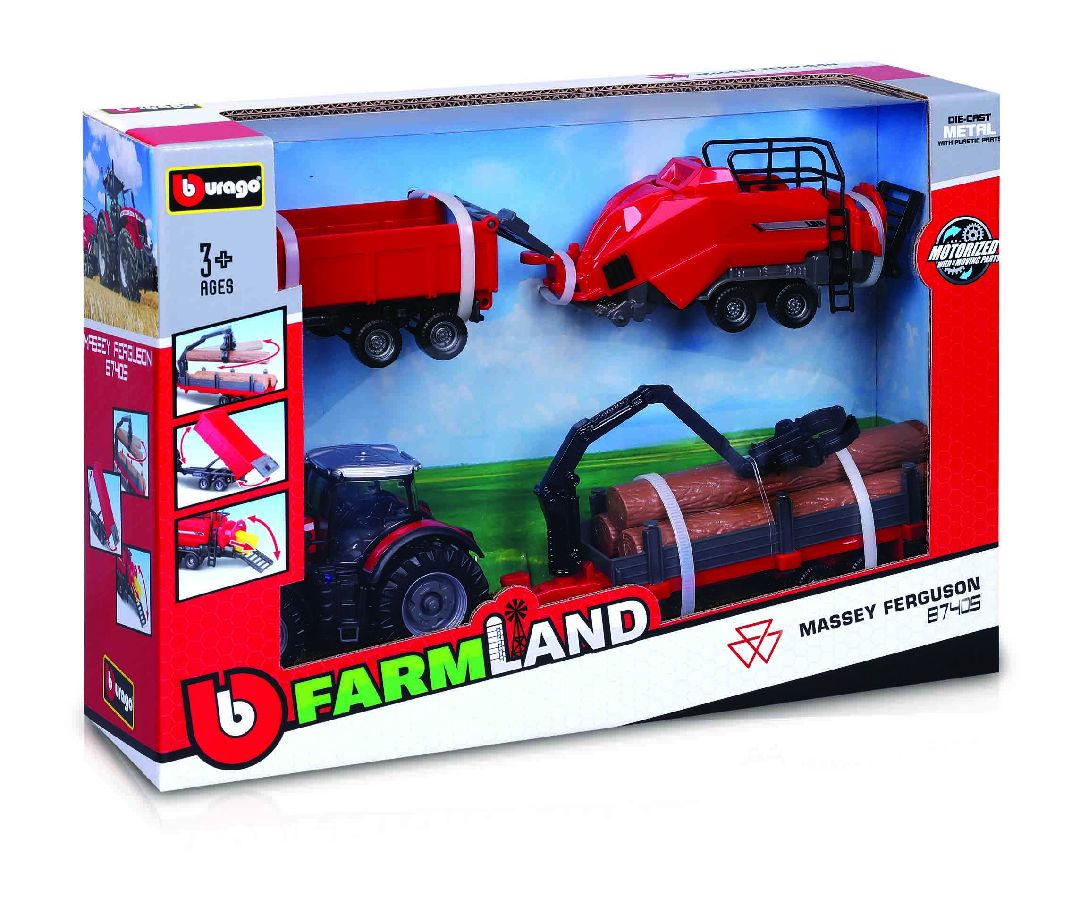 Bburago Farmland 10cm Moto. Tractor w/ 3 Trailers Gift Set (6)