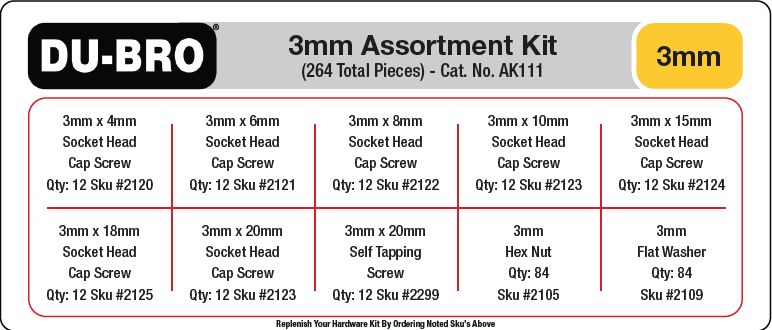 Du-Bro 3mm Hardware Assortment Kit (264 pcs set)