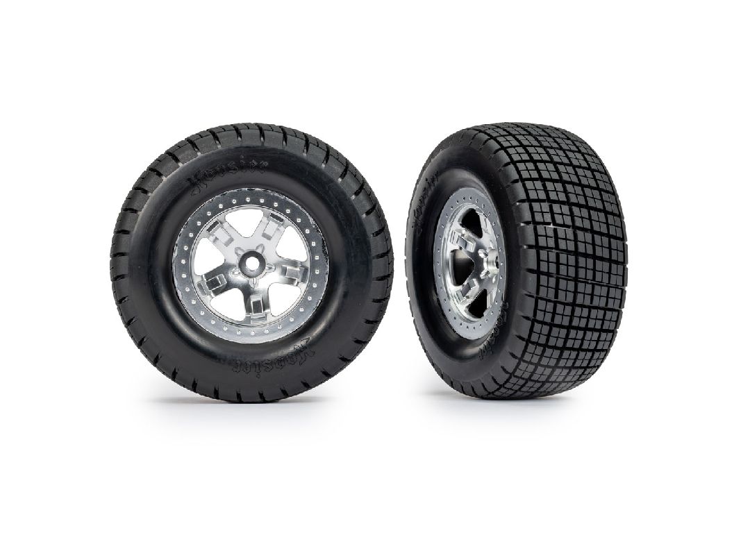 Traxxas Hoosier Tires on satin chrome wheels (2WD rear) - Click Image to Close