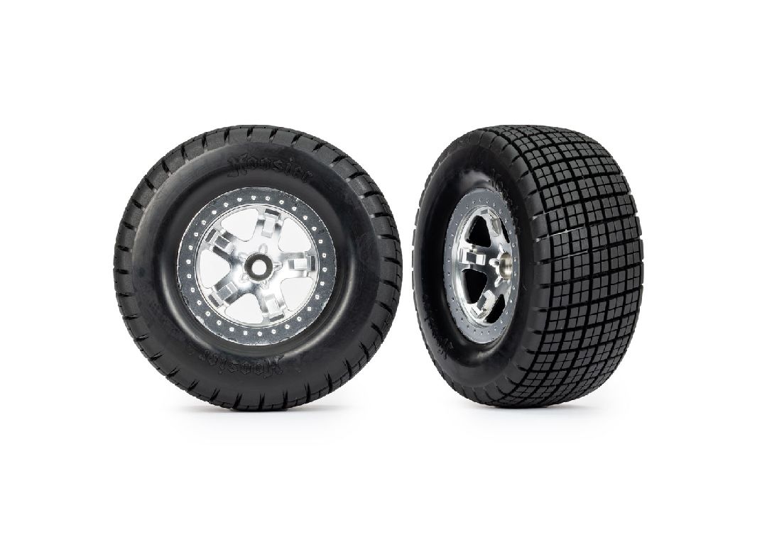 Traxxas Hoosier Tires on satin chrome wheels (2WD front) - Click Image to Close