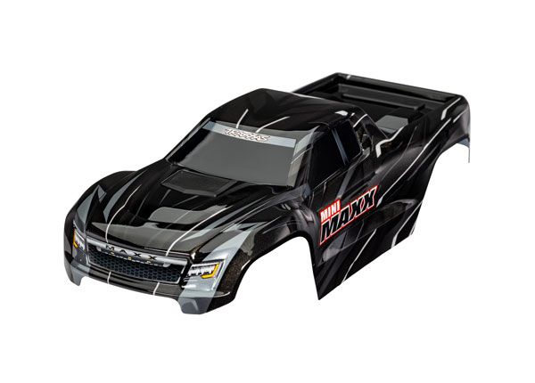 Traxxas Body, Mini Maxx, black (painted, decals applied) - Click Image to Close