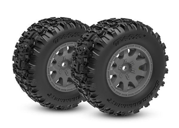 Traxxas Tires & wheels, assembled (charcoal gray)(rear)(2)