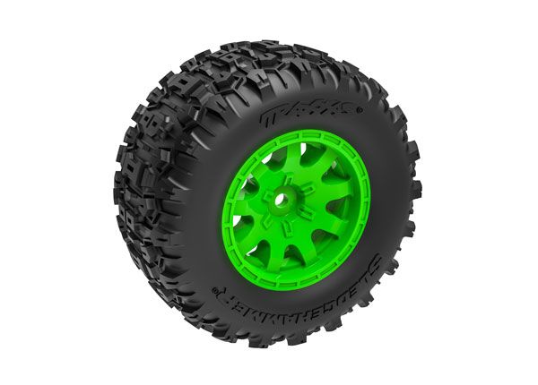 Traxxas Tires & wheels, assembled (green wheels, dual profile (2.1