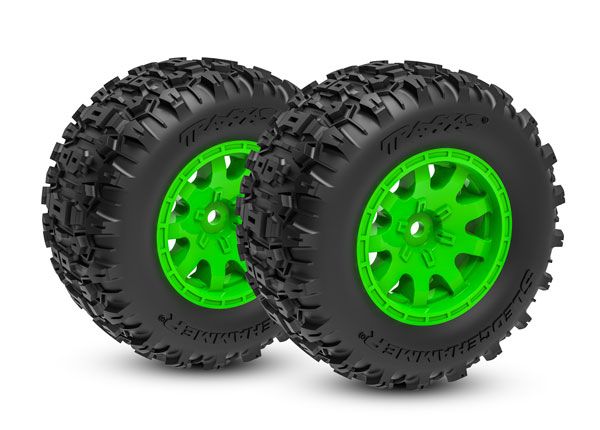 Traxxas Tires & wheels, assembled (green wheels, dual profile (2.1