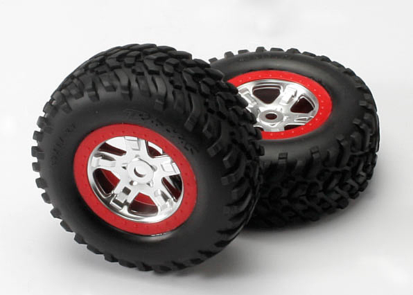 TraxxasTires & wheels, assembled, glued (SCT Satin Chrome, Red beadlock style, dual profile (2.2