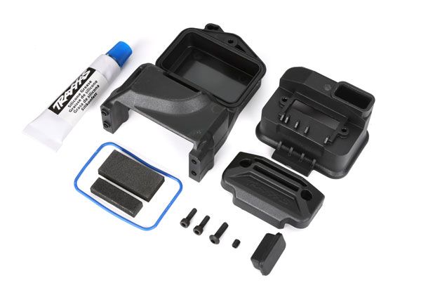 Traxxas Box, receiver (sealed) (servo mount)/ foam (2)/ access plug/ 3x10mm BCS (1)/ 2.5x8mm CS (2)/ 3x4mm GS/ silicone grease