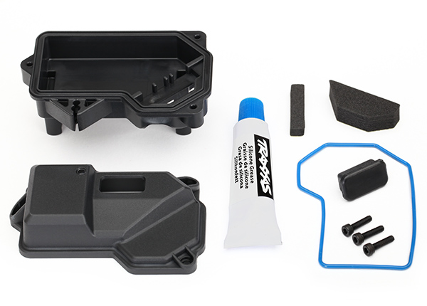 Traxxas Box, receiver (sealed) (steering servo mount)/ receiver cover/ access plug/ foam pads/ silicone grease/ 2.5x10 CS (3)