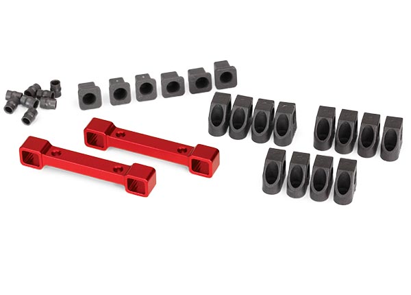 Traxxas Mounts, suspension arms, aluminum (red-anodized) (front & rear)/ hinge pin retainers (12)/ inserts (6)