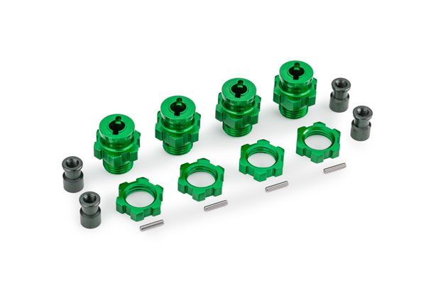 Traxxas Wheel hubs, splined, 17mm, short (green-anodized) (4)/ wheel nuts, splined, 17mm (green-anodized) (4)/ hub retainer M4 X 0.7 (4)/ axle pin (4) (for use with #9080 upgrade kit)