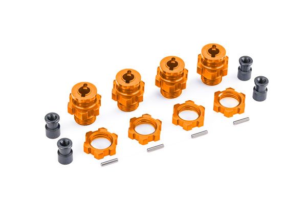 Traxxas Wheel hubs, splined, 17mm, short (orange-anodized) (4)/ wheel nuts, splined, 17mm (orange-anodized) (4)/ hub retainer M4 X 0.7 (4)/ axle pin (4) (for use with #9080 upgrade kit)