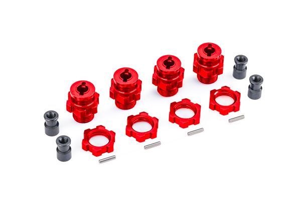 Traxxas Wheel hubs, splined, 17mm, short (red-anodized) (4)/ wheel nuts, splined, 17mm (red-anodized) (4)/ hub retainer M4 X 0.7 (4)/ axle pin (4) (for use with #9080 upgrade kit)